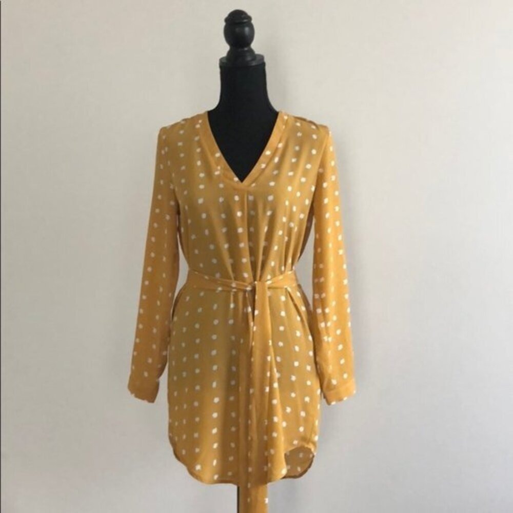 Forever 21 Mustard Yellow Polka Dot Long Sleeve Belted Tunic‎ Dress Small